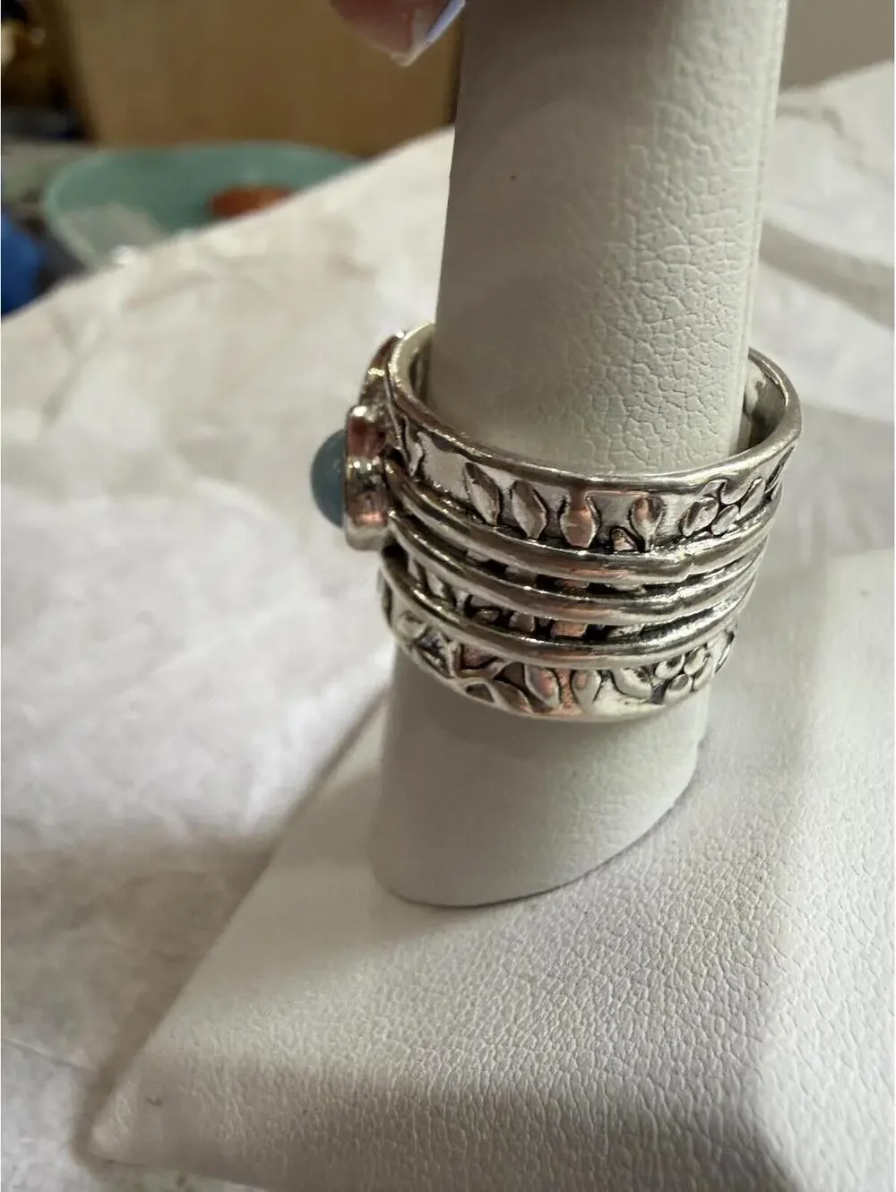 Silver Tone Ring with Blue and Clear Stones 7.5 Size